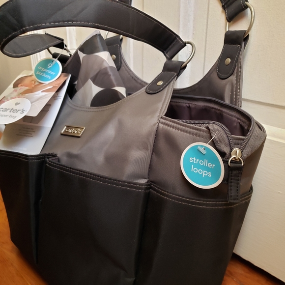 NWT Carter's Tote Diaper Bag with Changing Pad, Black and Gray, 9 Pockets - Picture 6 of 9